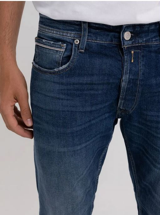 Jeans Replay Grover Indigo Stretch Uomo: Modello 5 Tasche Vita Regolare, Gamba Dritta, Tessuto X-LITE+ Leggero 8 Oz - Il Comfort Del Denim Italiano